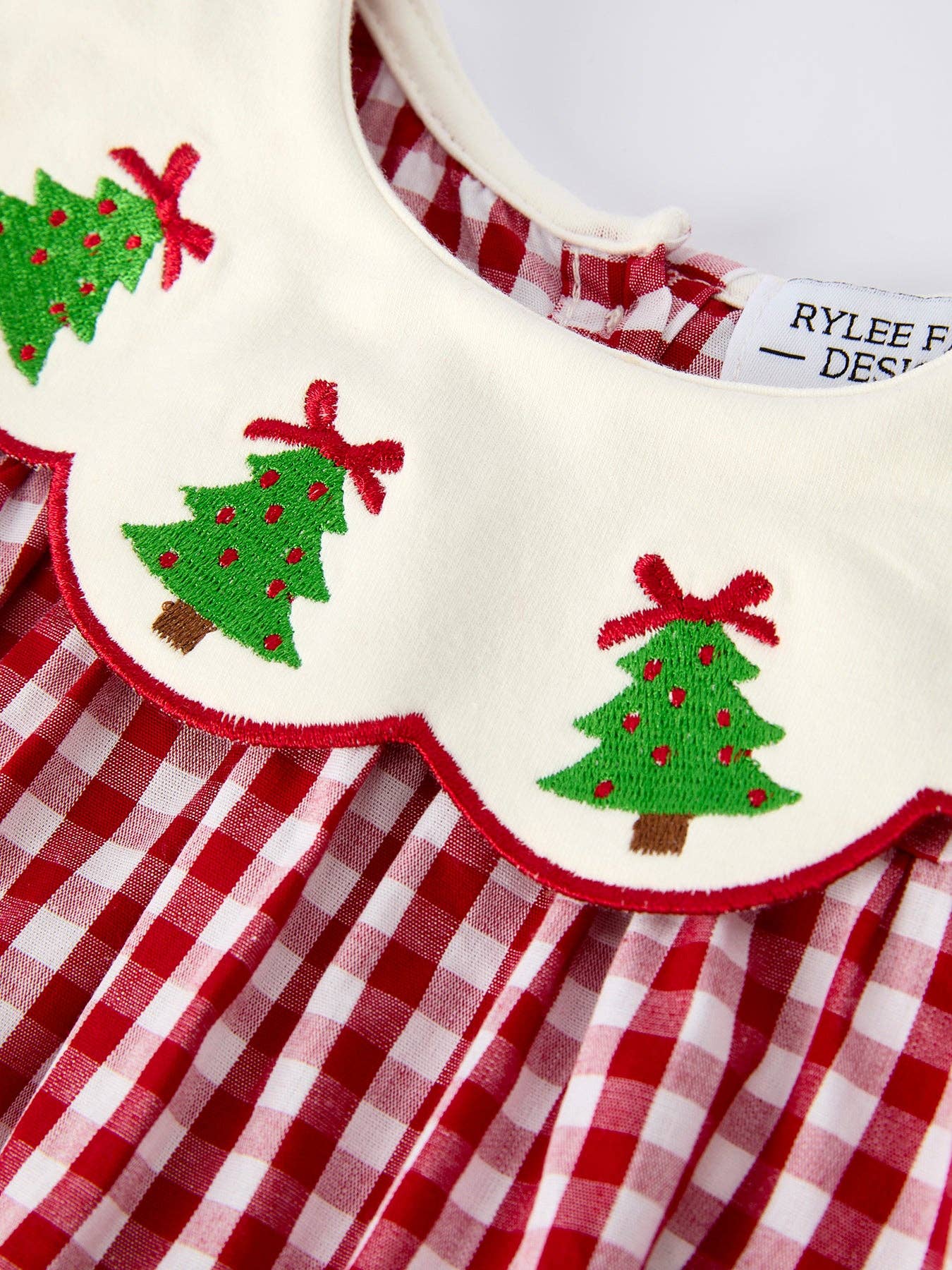 Christmas Tree Embroidery Red Gingham Long Sleeve Baby Girl Bloomers Set (cuties)