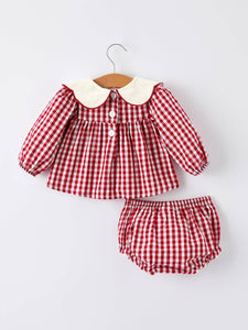 Christmas Tree Embroidery Red Gingham Long Sleeve Baby Girl Bloomers Set (cuties)