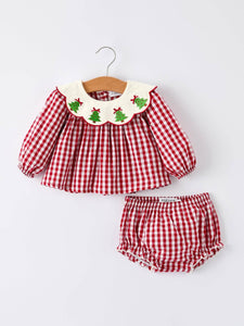 Christmas Tree Embroidery Red Gingham Long Sleeve Baby Girl Bloomers Set (cuties)