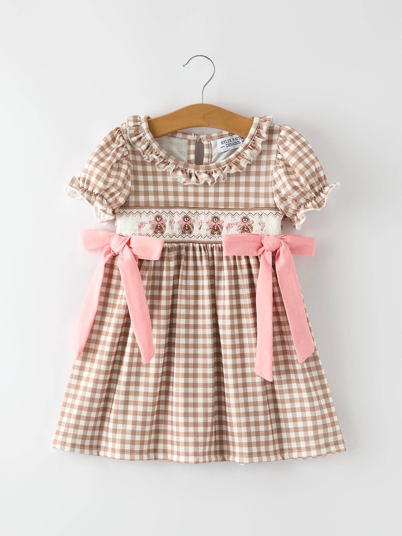 Christmas Vintage-Style Plaid Dress with Embroidered Gingerbread and Bows (Cutie)