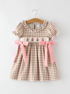 Christmas Vintage-Style Plaid Dress with Embroidered Gingerbread and Bows (Cutie)