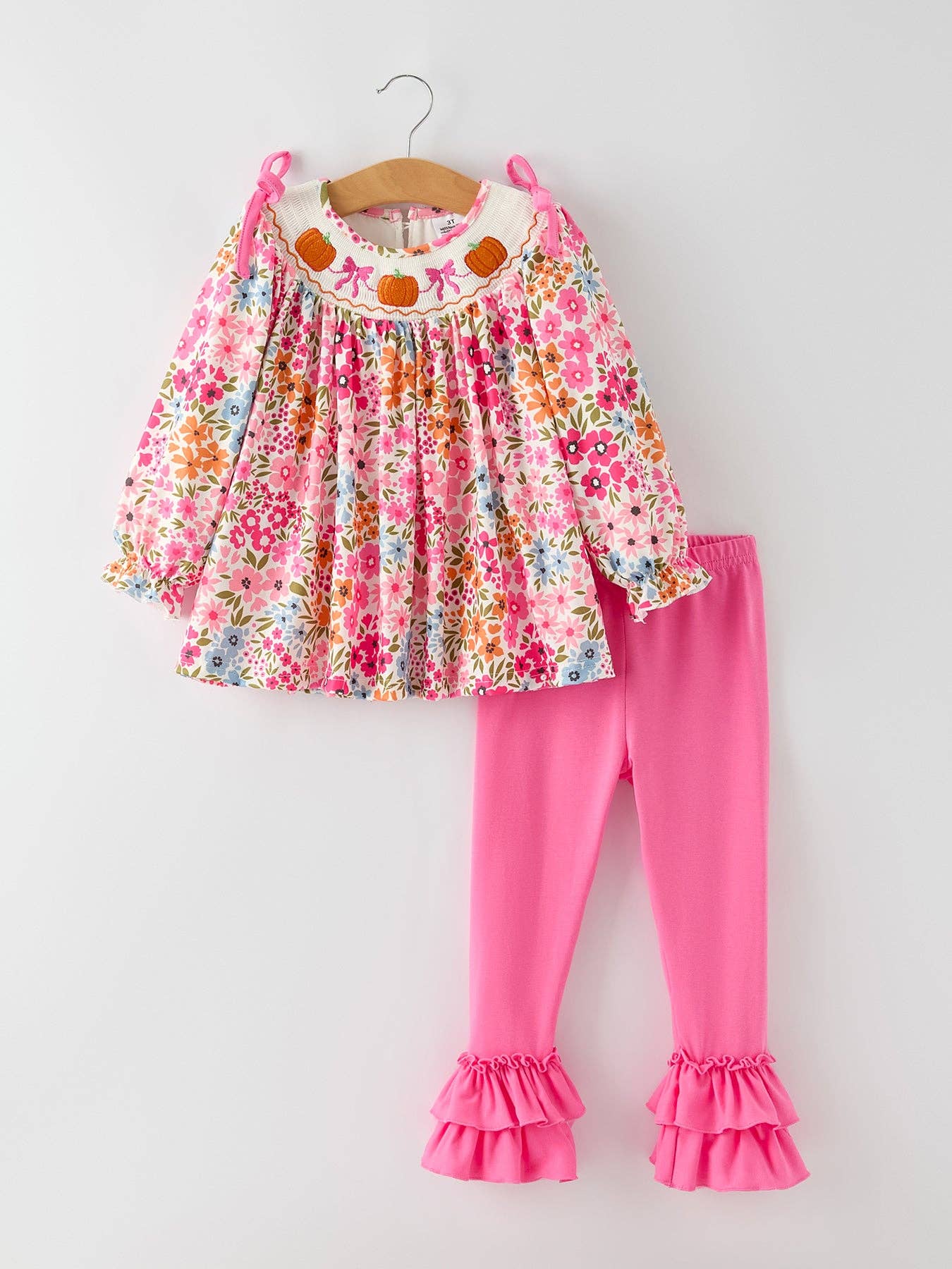 Fall Pumpkin Embroidered Ruffled Pink Leggings Girls Set (cuties)