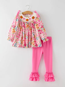 Fall Pumpkin Embroidered Ruffled Pink Leggings Girls Set (cuties)